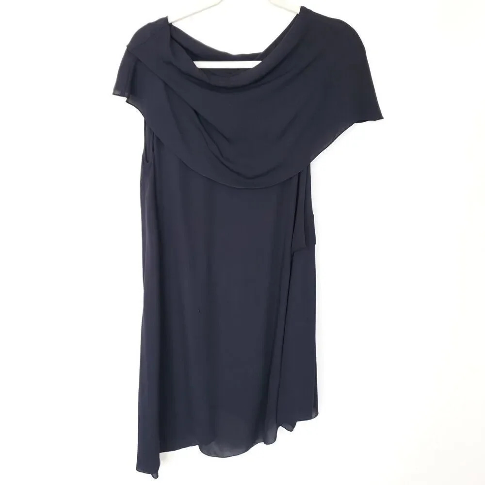Morgane Le Fay Rodin Silk Mini Dress Womens Large Navy Blue Cowl Neckline Draped